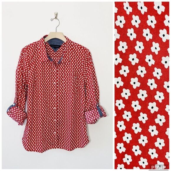 Tommy Hilfiger 3X Scarlet Red White Ditsy Floral Chambray Trim Tab Sleeve Shirt - Picture 1 of 7